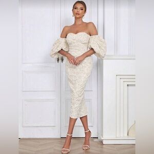 Off Shoulder Puff Sleeve Textured Midi Dress SMALL